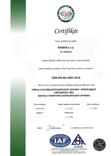 KASEN - Certifikty: ventily, kohouty, klapky, ouptka, regultory, odvade kondenztu